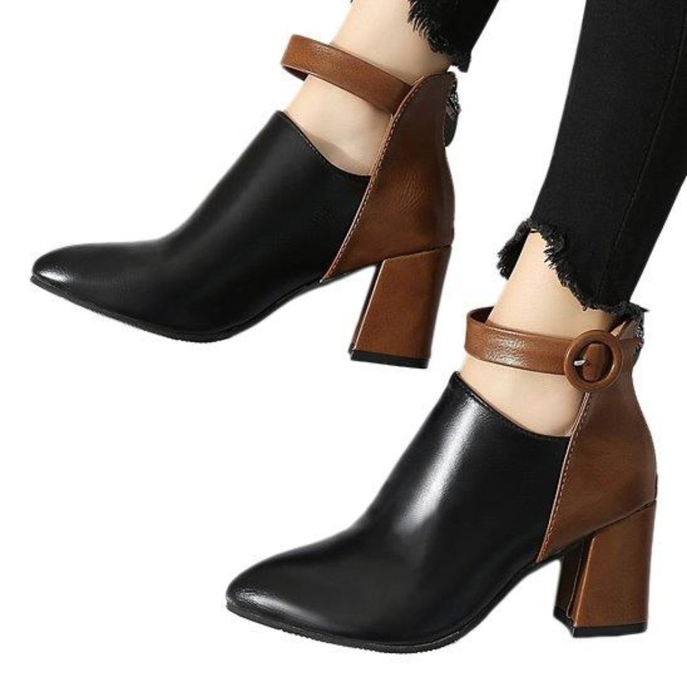 Ankle-Strap Back-Zip Colour-Block Heeled Booties - Size 6.5